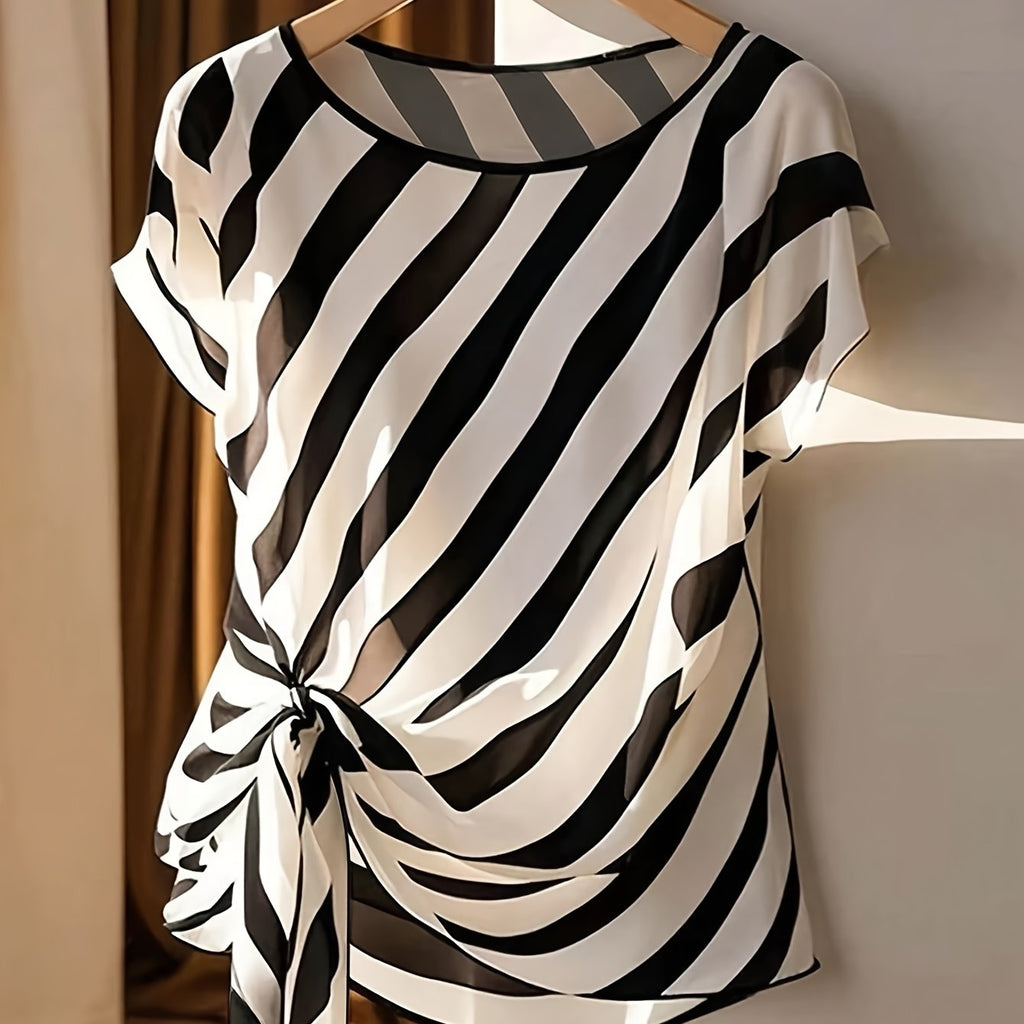 Women's French-Inspired Sleeveless Bow Blouse – Semi-Sheer Striped Crew-Neck Top for Spring, Summer & Fall