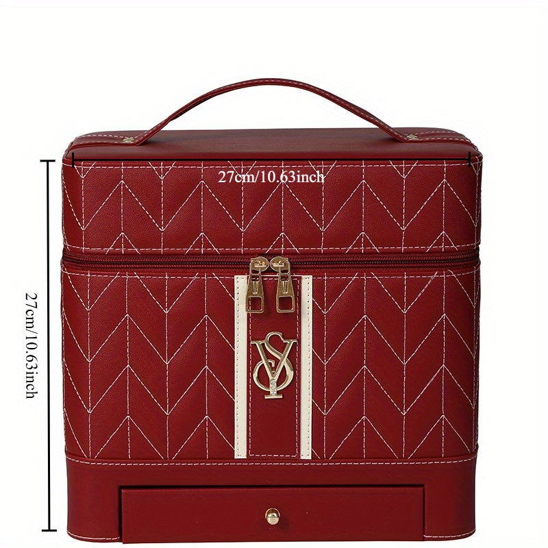 Large Travel Makeup Bag with Mirror & Jewelry Organizer - Embroidered PU Cosmetic Case, Multiple Compartments (Red/Green/White)