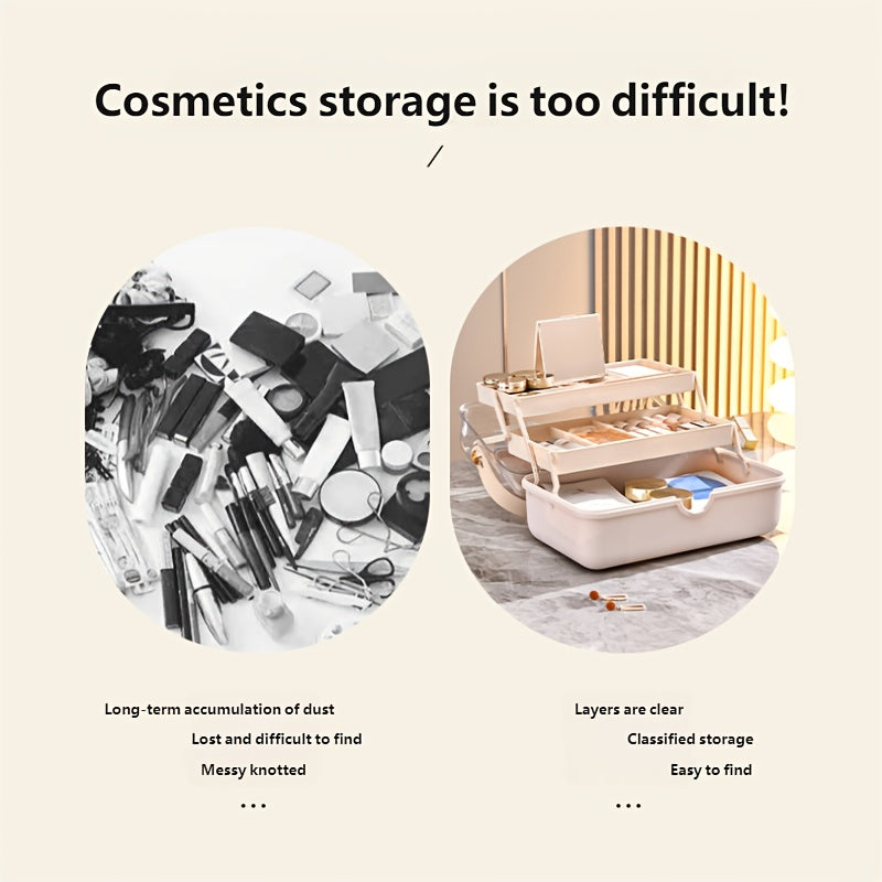 Large Capacity Makeup Organizer Box with Mirror - Multi-Layer Dust-Proof Cosmetic Case with Lock, Beige & White for Travel & Home Storage