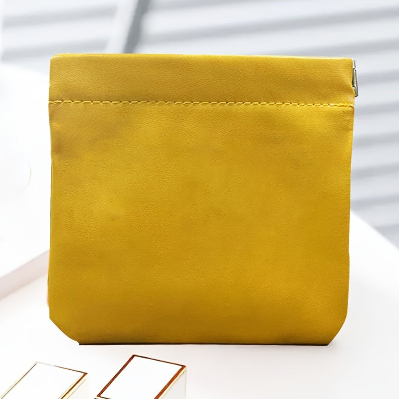 Mini Self-Closing Travel Pouch — Lightweight PU Coin & Makeup Organizer, Compact Clutch (Sky Blue, Orange, Pink, Green)