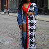 Women's Longline Houndstooth Cardigan – Double-Layer Thick Knit, Black & White with Red Accents, Machine Washable