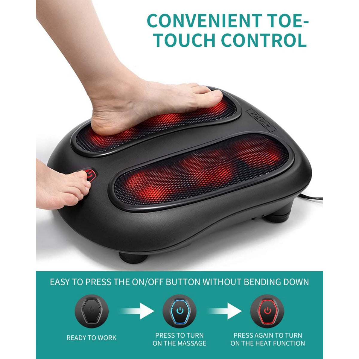 NEKTECK Shiatsu Heated Foot Massager – 6-Head Kneading Foot Massager with Heat, Carry Handle & Power Cord (Black)