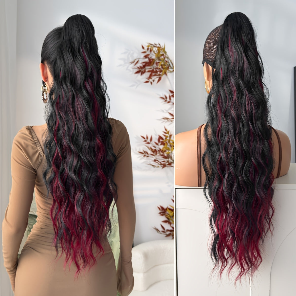 28-Inch (70 cm) Claw Ponytail Extension – Ombre Water Wave Heat-Resistant Synthetic Hair, Black to Dark Brown