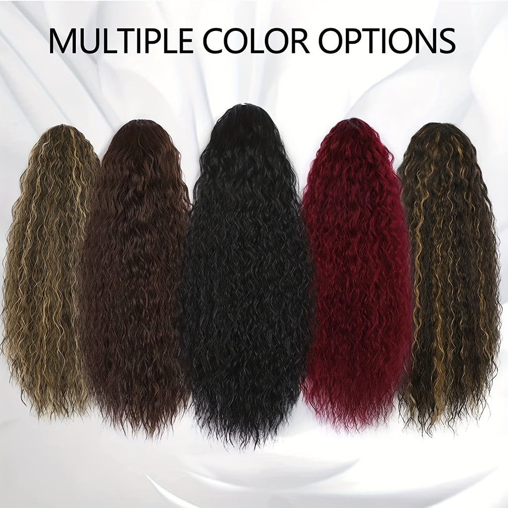 22-inch (56 cm) Water Wave Drawstring Ponytail - Synthetic Clip-In Curly Hair Extension for Women, Natural Black