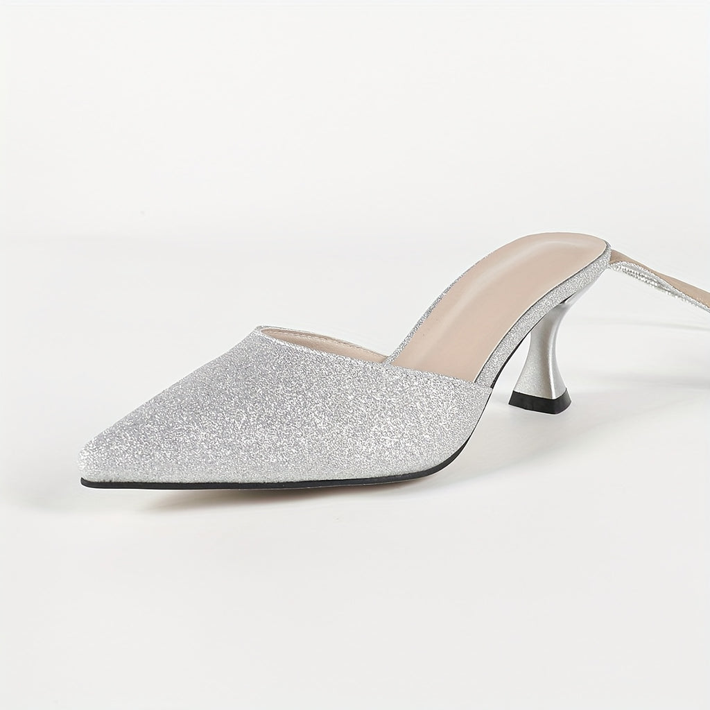 Women's Glitter Kitten Heel Sandals, Pointed Toe Ankle Strap with Adjustable Hook & Loop Closure for Weddings & Parties