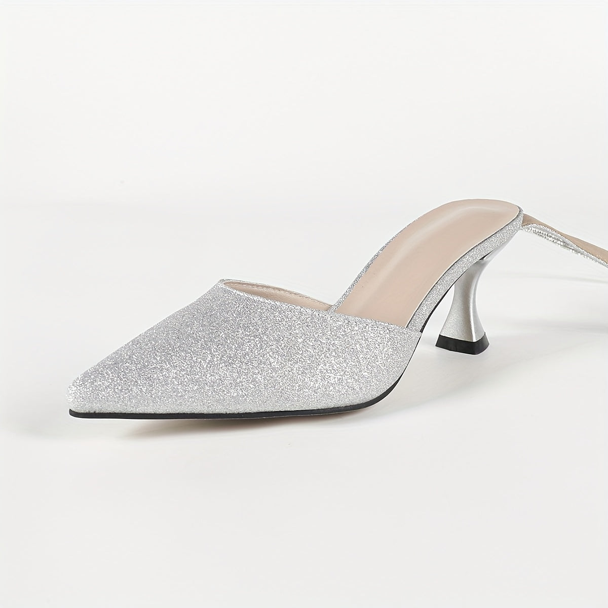 Women's Glitter Kitten Heel Sandals, Pointed Toe Ankle Strap with Adjustable Hook & Loop Closure for Weddings & Parties