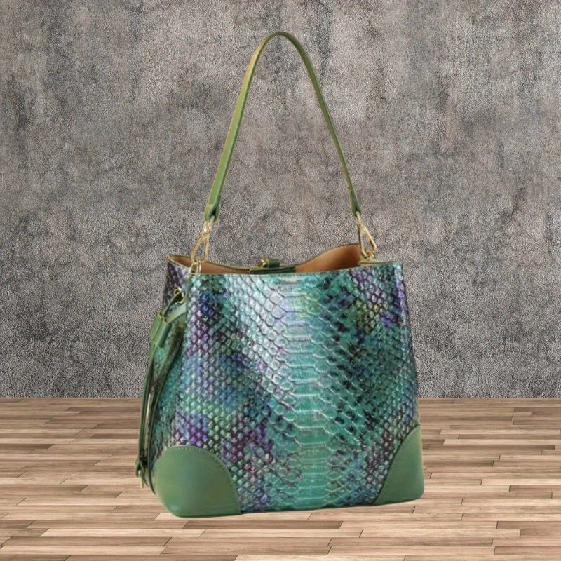Women's Snake-Print Split Leather Crossbody Bucket Bag - Large Capacity, Adjustable Strap & Buckle Closure (Red, Khaki, Yellow, Blue, Green)