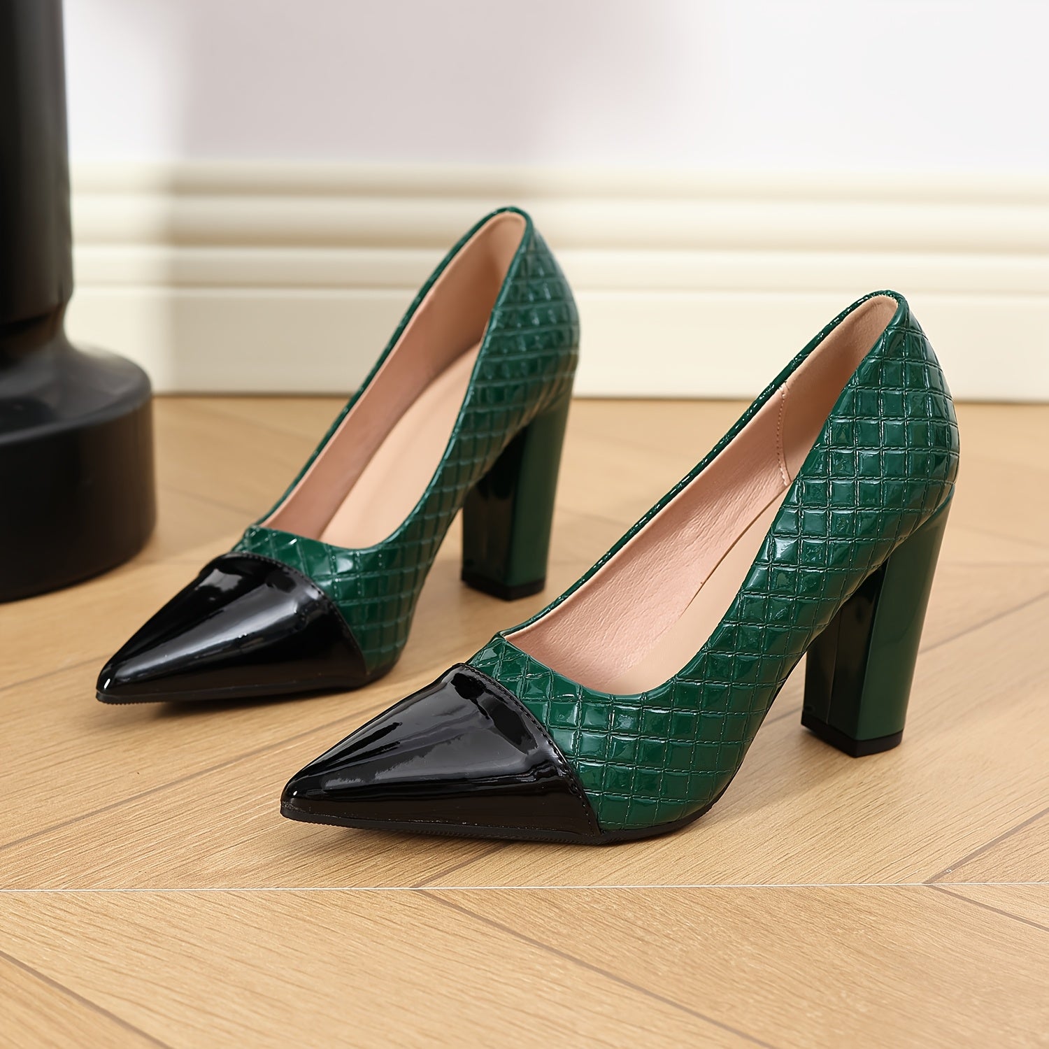 Women's Pointed-Toe Chunky Platform Heels 3.74 in (9.5 cm), Glossy Green Black Maroon Red, Non-Slip Rubber Sole Comfortable Block Heel Dress Shoes for Office & Parties