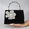 Elegant Rhinestone Flower Clutch, Black Corduroy Evening Handbag with Magnetic Closure, Detachable Strap & Gold-Tone Hardware