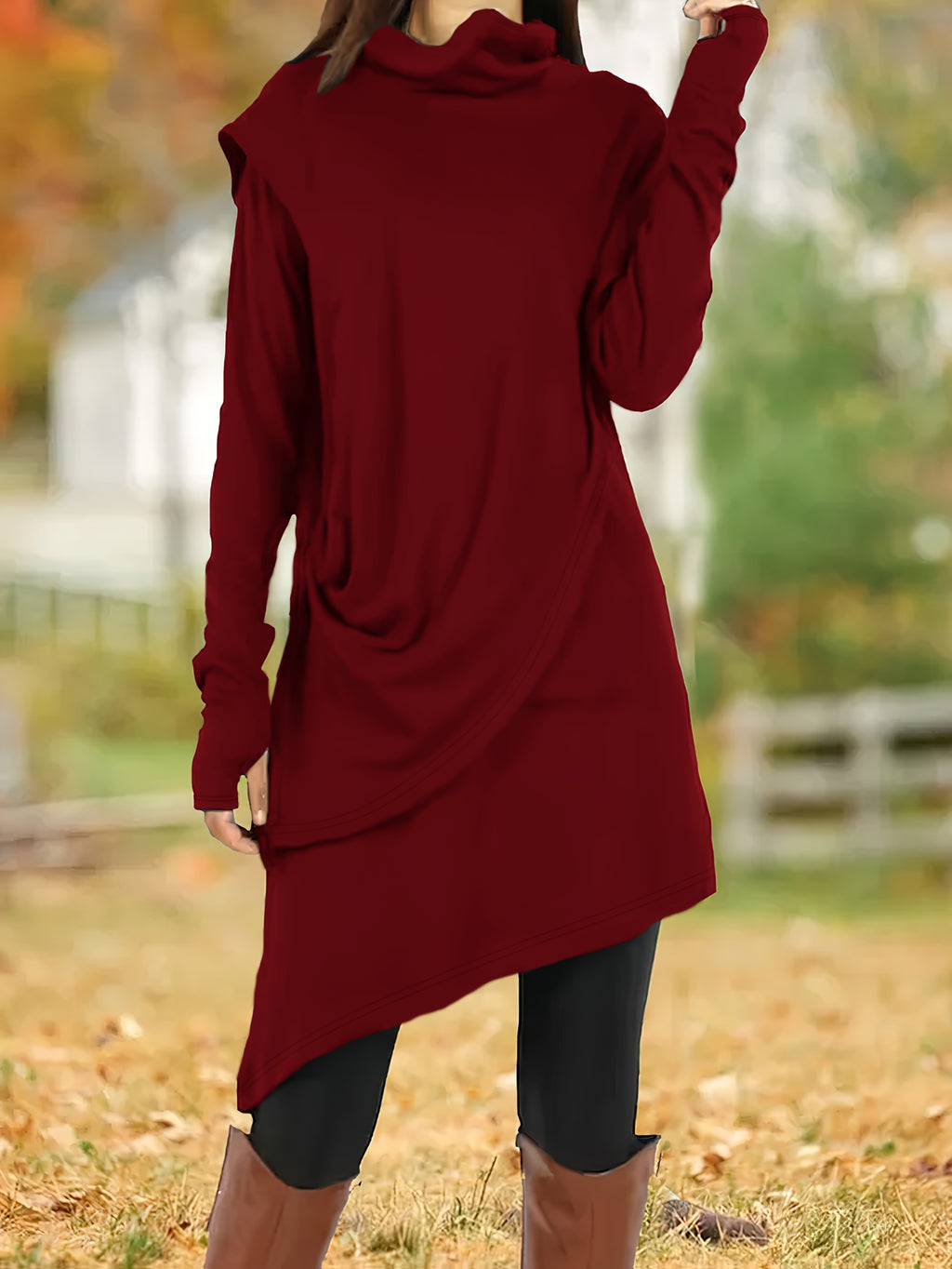 Women's Asymmetrical High-Neck Long Sleeve Tunic Dress, Knit Polyester Pencil Skirt, All-Season Casual