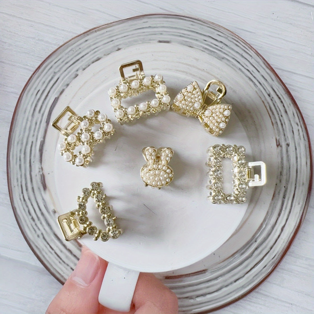 6-Pack Women's Metal Hair Claw Clips with Faux Pearls & Rhinestones, Elegant Boho Set