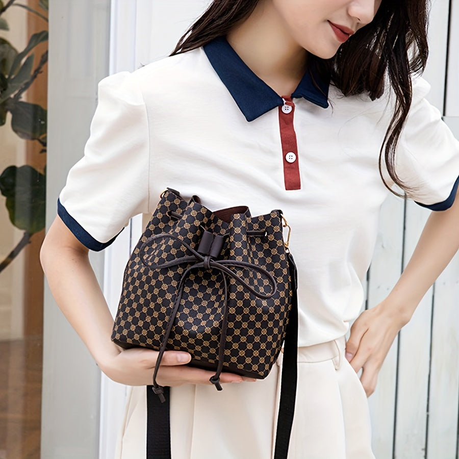 Women's PU Bucket Bag - Large Capacity Drawstring Crossbody & Shoulder Bag with Geometric Print