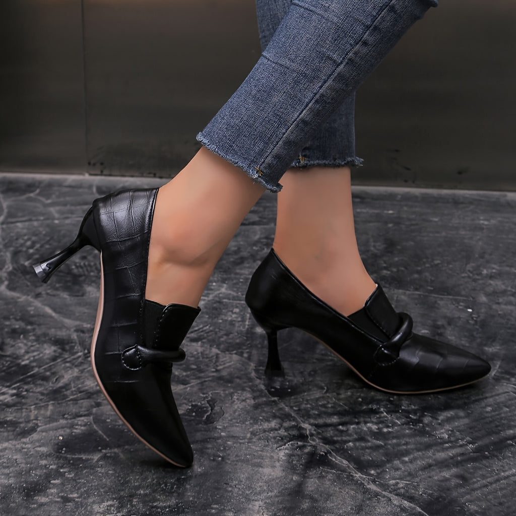 Women's Black Mary Jane Pointed-Toe Pumps, 8 cm (3.15 in) Mid Heel, Non-Slip PU Sole