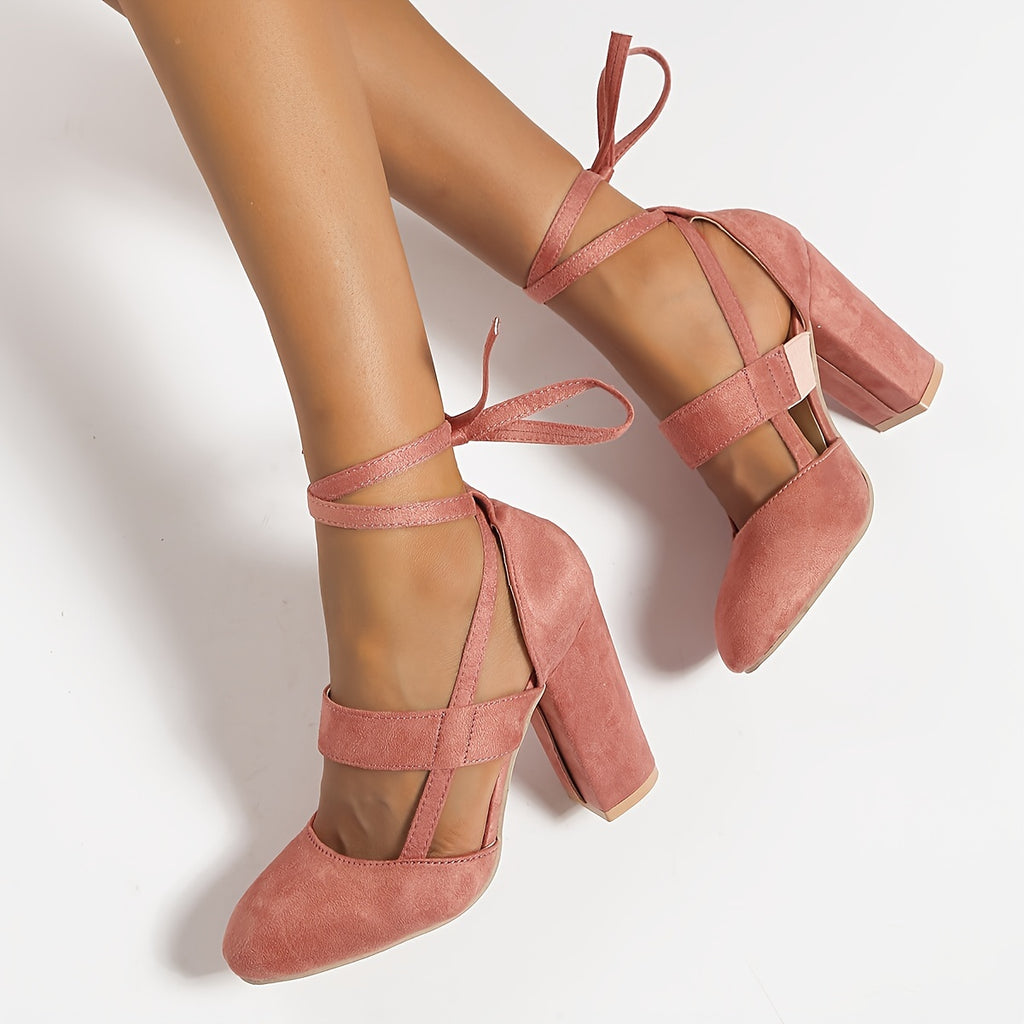 Elegant Women's High Heel Ankle-Strap Sandals – Fabric Upper, Round Toe, Lace-Up Block Heel, Rubber Sole