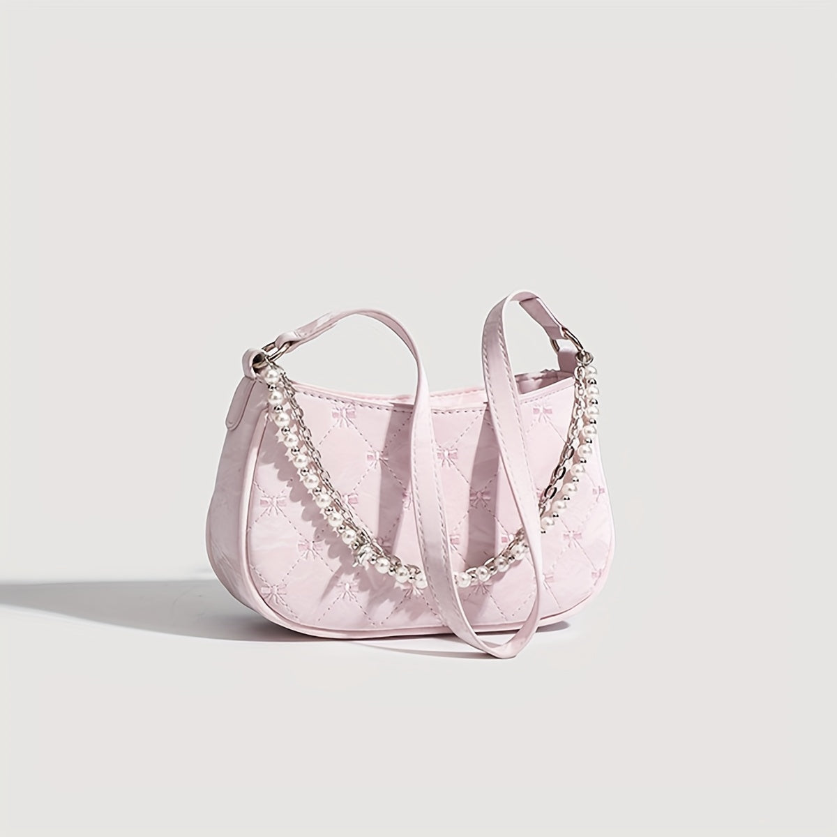 Pink Quilted Butterfly Baguette Bag with Pearl Chain – Detachable Shoulder Crossbody Purse, Diamond Pattern Elegant Women's Handbag