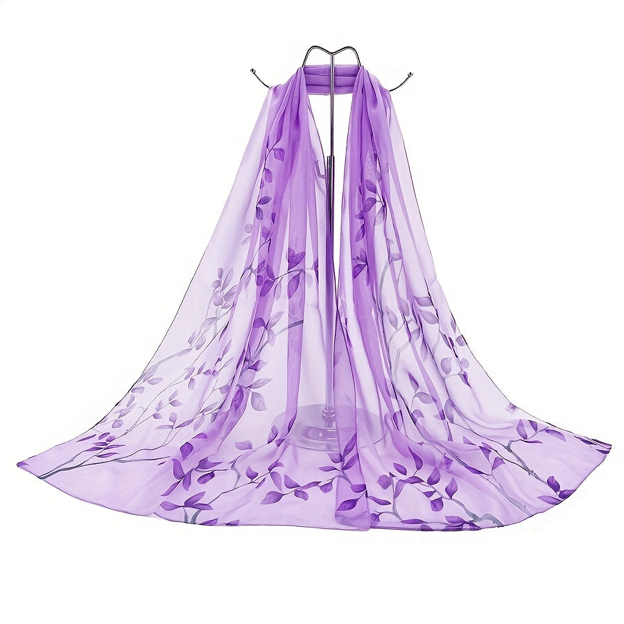Sheer Bamboo Leaf Chiffon Shawl Scarf – Lilac & Green Lightweight Wrap for Beach, Wedding & Party, 59 x 19 in (150 x 50 cm)