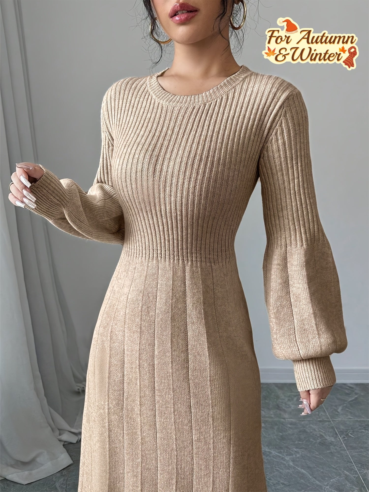Beige Knit Sweater Dress with Lantern Sleeves, Long High-Neck Ribbed Fall Winter Dress for Women