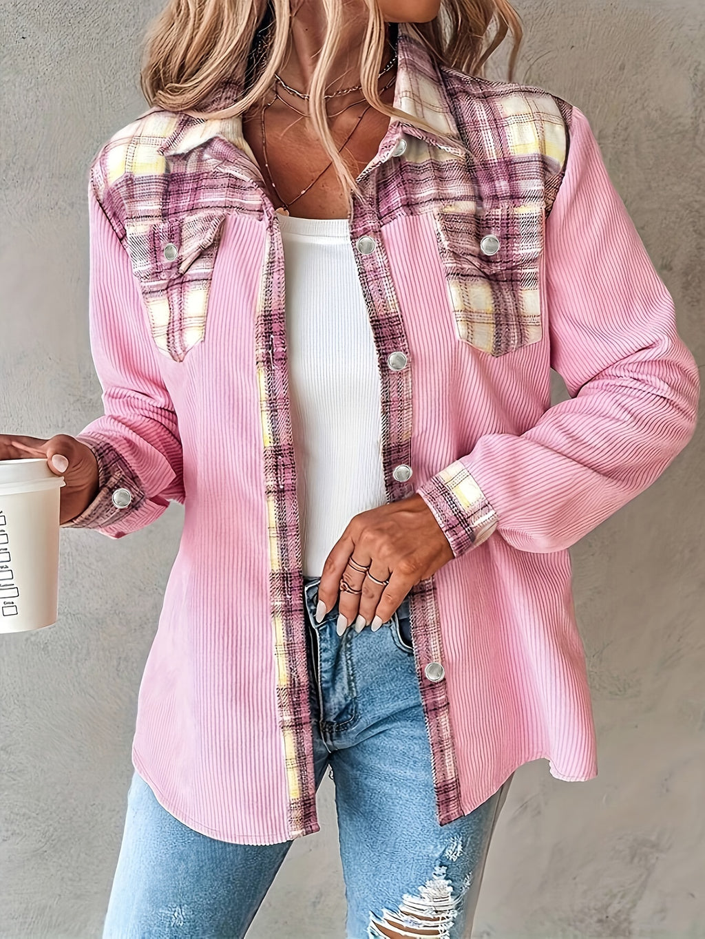 Women's Pink & Black Plaid Long Sleeve Button Shirt - Square Neck, 100% Polyester, Machine Washable