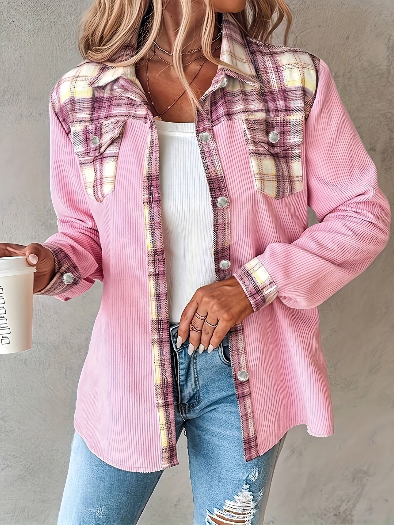 Women's Pink & Black Plaid Long Sleeve Button Shirt - Square Neck, 100% Polyester, Machine Washable