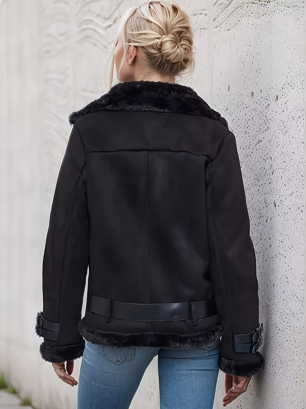 Women's Brown PU Leather Bomber Jacket with White Faux Fur Trim – Zip-Up Motorcycle Style, All-Season Casual Coat