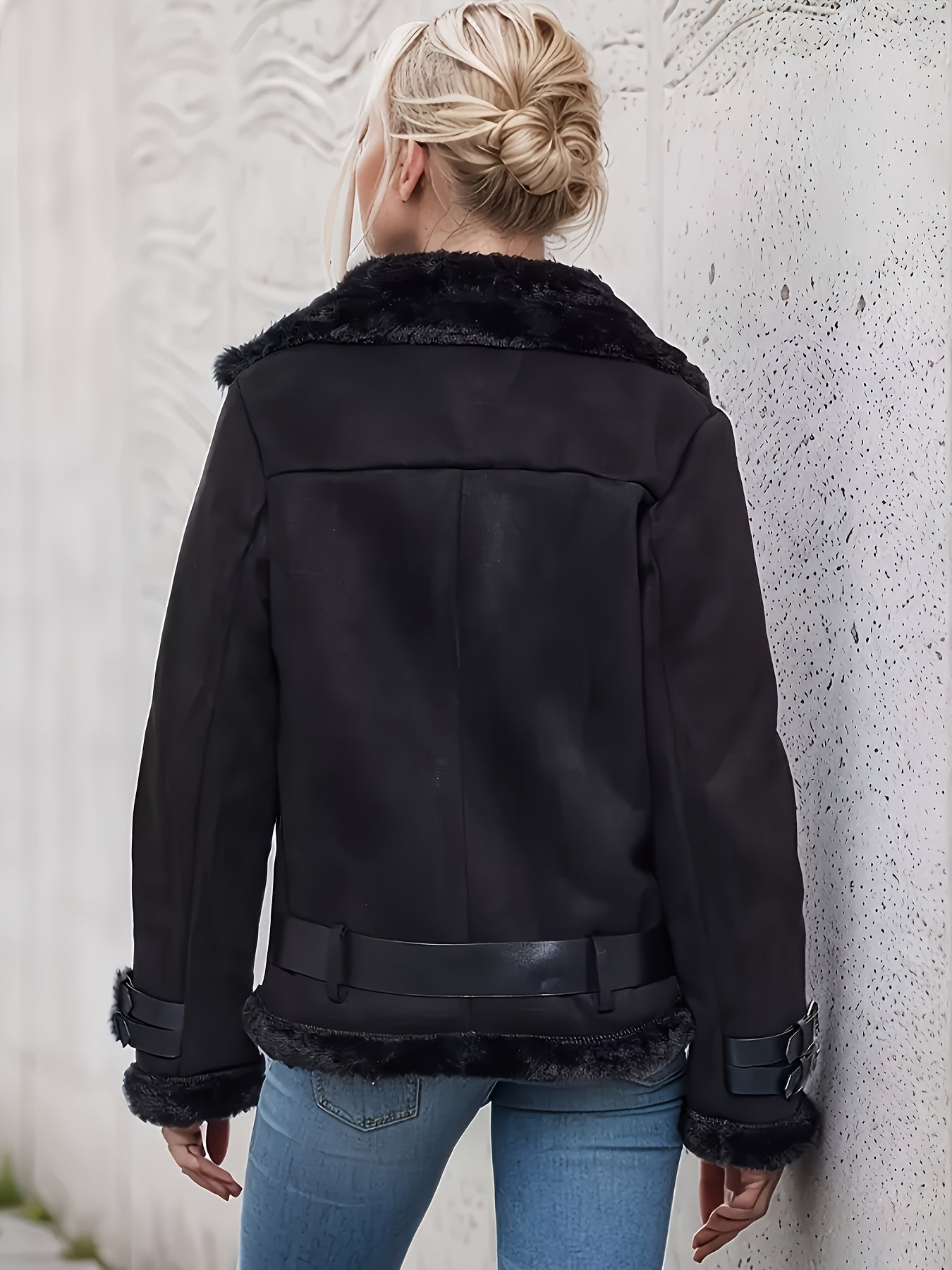 Women's Brown PU Leather Bomber Jacket with White Faux Fur Trim – Zip-Up Motorcycle Style, All-Season Casual Coat