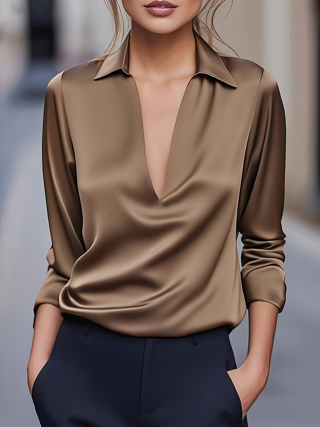 Silvery Satin V-Neck Blouse for Women, Long Sleeve Button-Front Satin Shirt, Elegant Smooth Finish