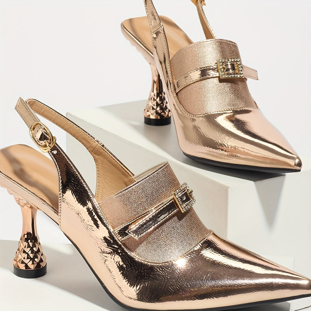 Women's Gold Pointed-Toe Stiletto Heels with Ankle Strap – High Heel Dress Shoes, Rubber Sole
