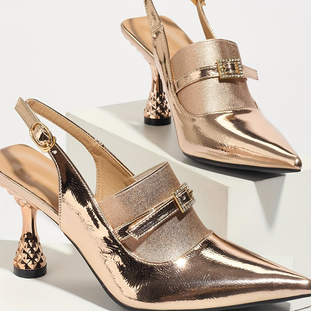 Women's Gold Pointed-Toe Stiletto Heels with Ankle Strap – High Heel Dress Shoes, Rubber Sole