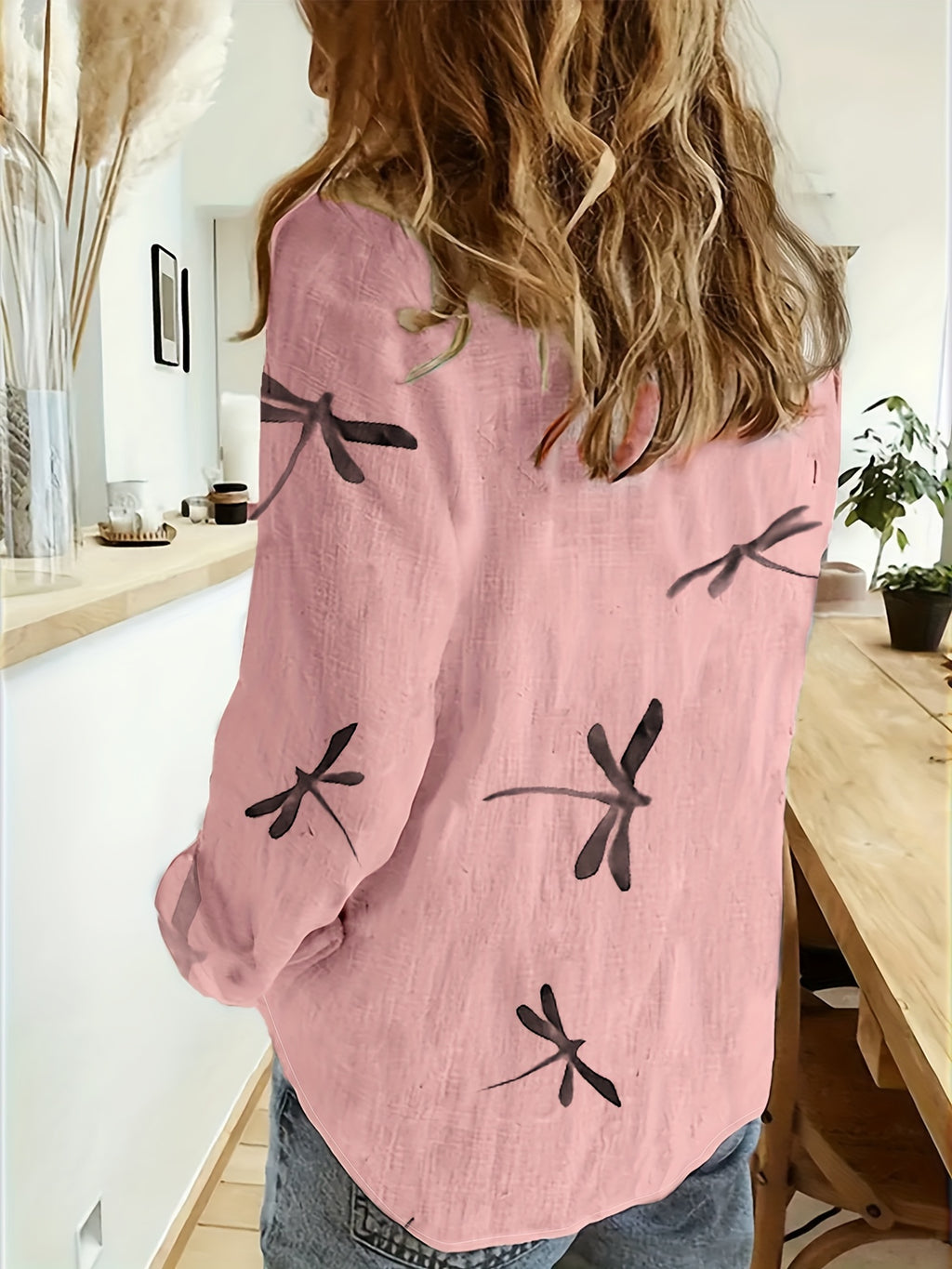 Women's Loose Fit Dragonfly Print Shirt - Lightweight Breathable Lapel Collar Blouse for Summer