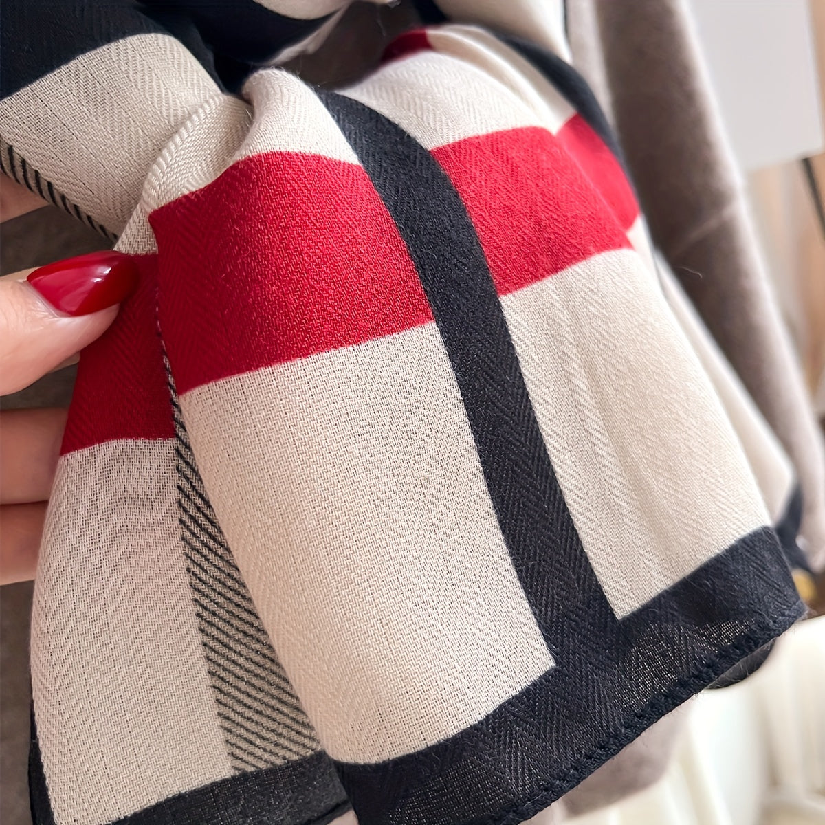 Women's Plaid Color-Block Scarf Shawl - Soft Faux Fleece Wrap, Beige Black Red Stripes, All-Season Neckwear