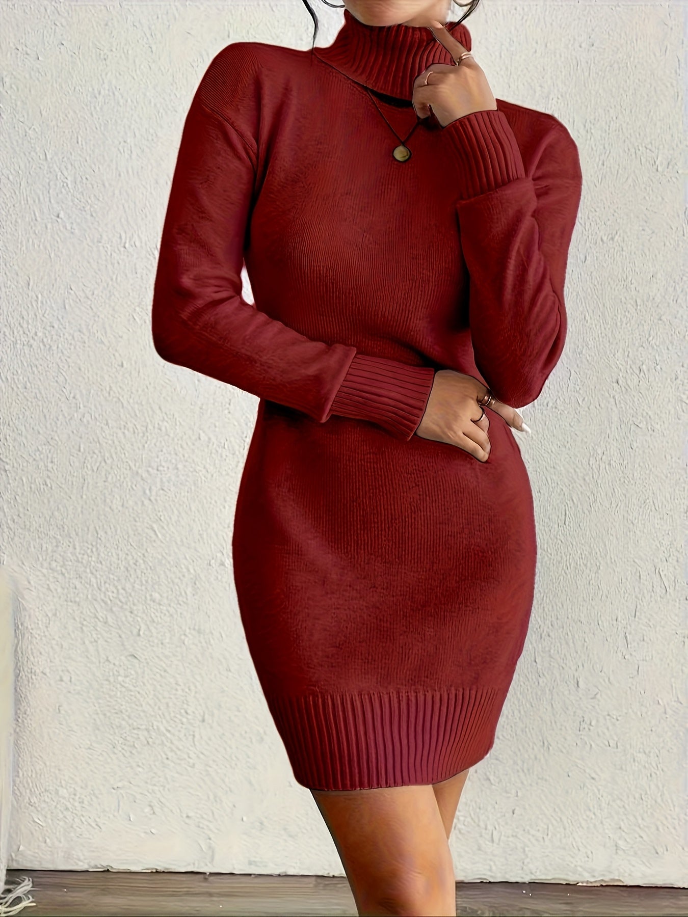 Women's High-Neck Knit Sweater Dress - Elegant Solid Fall/Winter