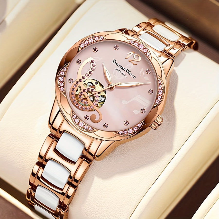Women's Rose Gold Mechanical Skeleton Watch – Pink Dial, Roman Numerals, Hand-Winding Dress Watch