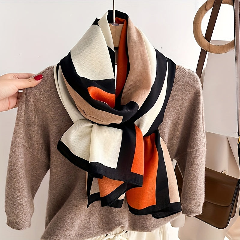 Breathable Polyester Scarf for Women, Windproof Sunscreen Travel Wrap with Contrast Color Print