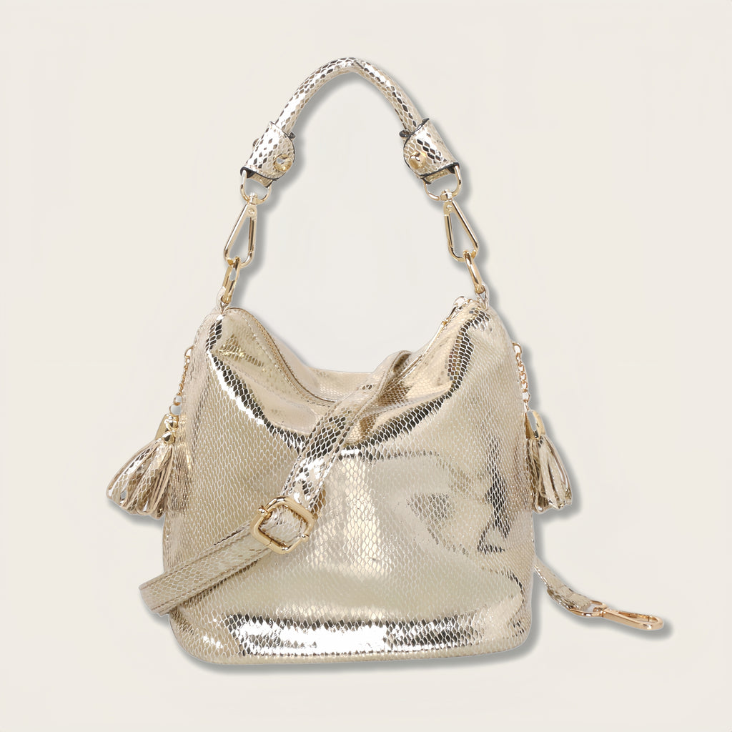 Snakeskin Faux Leather Shoulder Bag for Women - Adjustable Strap Tassel Zippered Handbag Black and Gold