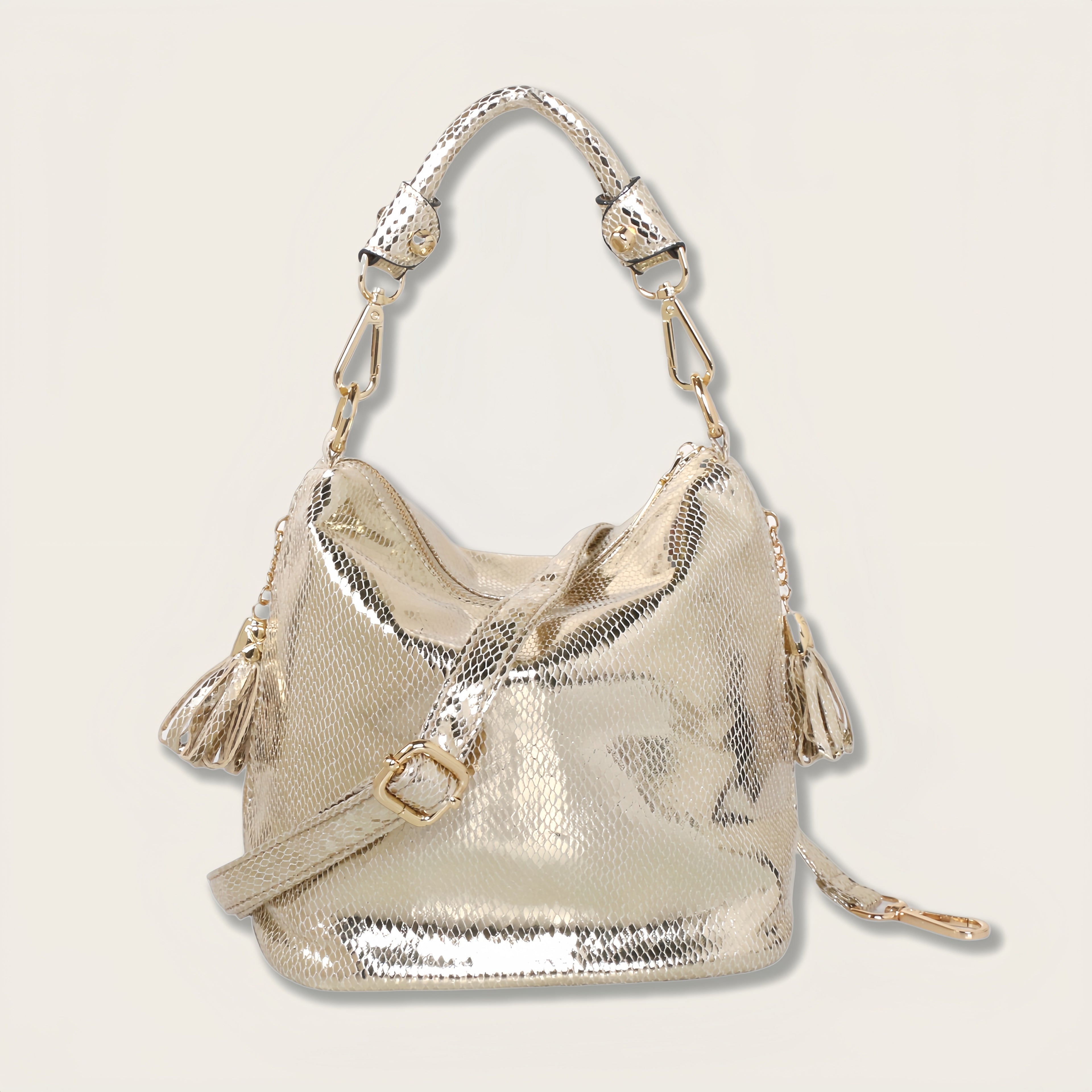 Snakeskin Faux Leather Shoulder Bag for Women - Adjustable Strap Tassel Zippered Handbag Black and Gold