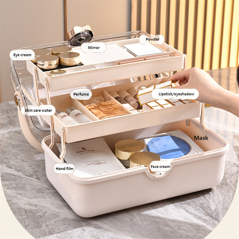 Large Capacity Makeup Organizer Box with Mirror - Multi-Layer Dust-Proof Cosmetic Case with Lock, Beige & White for Travel & Home Storage