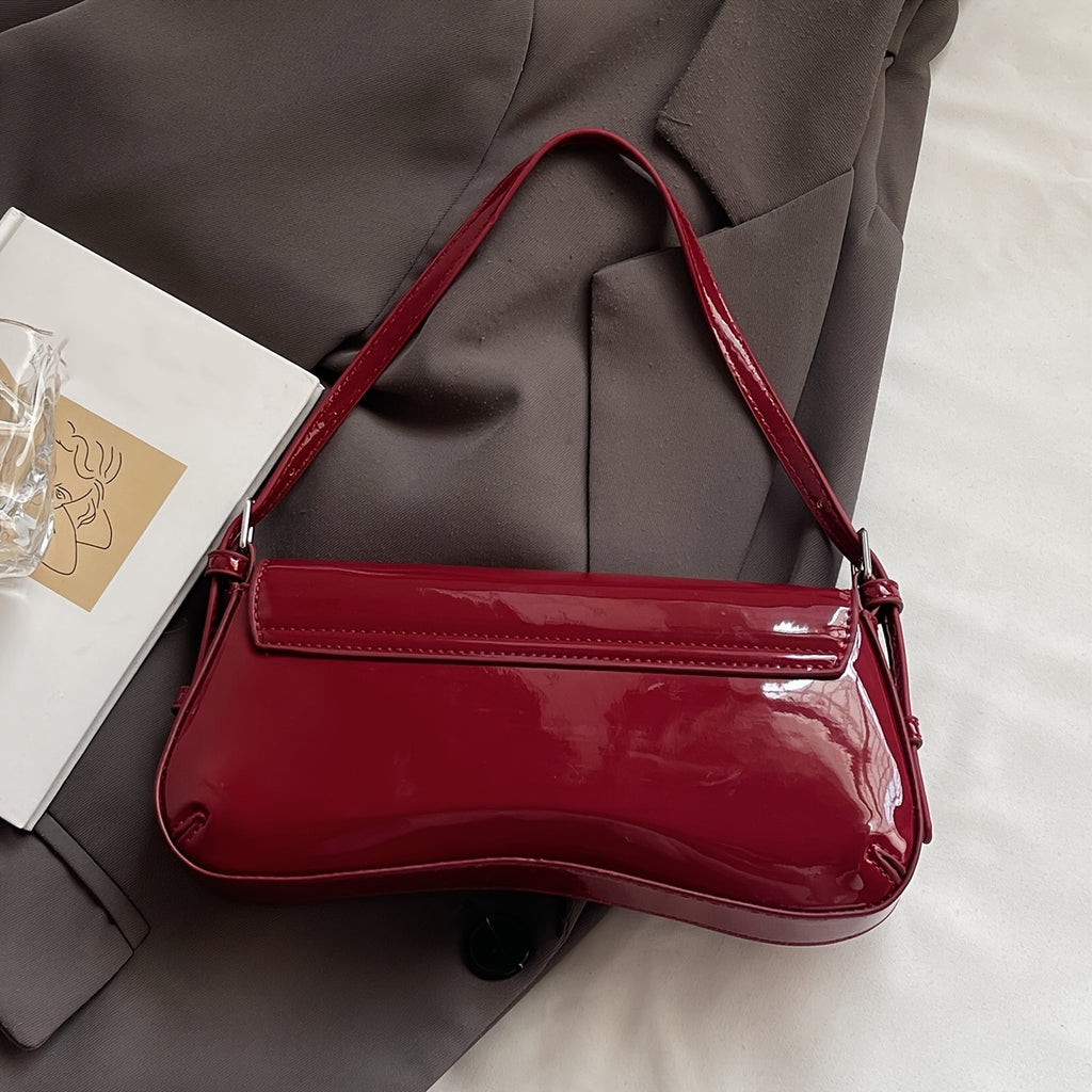 Burgundy PU Baguette Shoulder Bag - Adjustable Strap, Magnetic Closure, Two-Tone Hardware, Glossy Purse for Office & Date Night