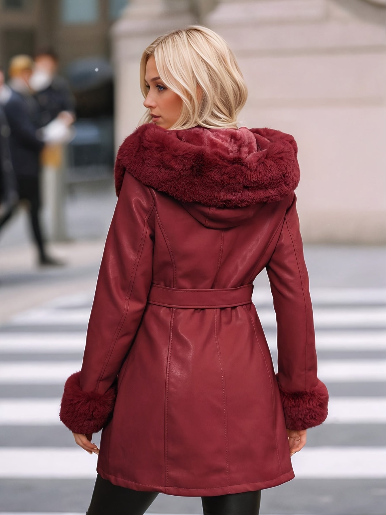 Women's Faux Fur-Trim PU Leather Hooded Coat with Belt - Warm Black Fall/Winter Jacket