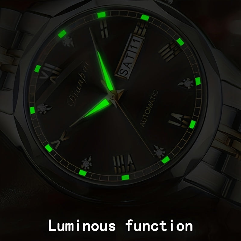 Dianpai Women's Mechanical Watch, Stainless Steel Strap, Roman Numeral Dial, Luminous Hands, 3 Sub-Dials, Minimalist Elegant Wristwatch for Casual & Formal Wear