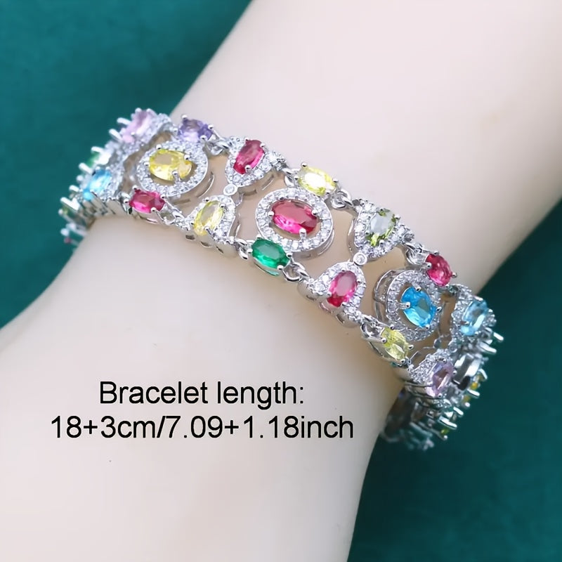 Bohemian Colorful Cubic Zirconia Bracelet & Pendant Set – Vintage Boho Women's Jewelry Gift for Weddings, Holidays, Valentine's & Mother's Day