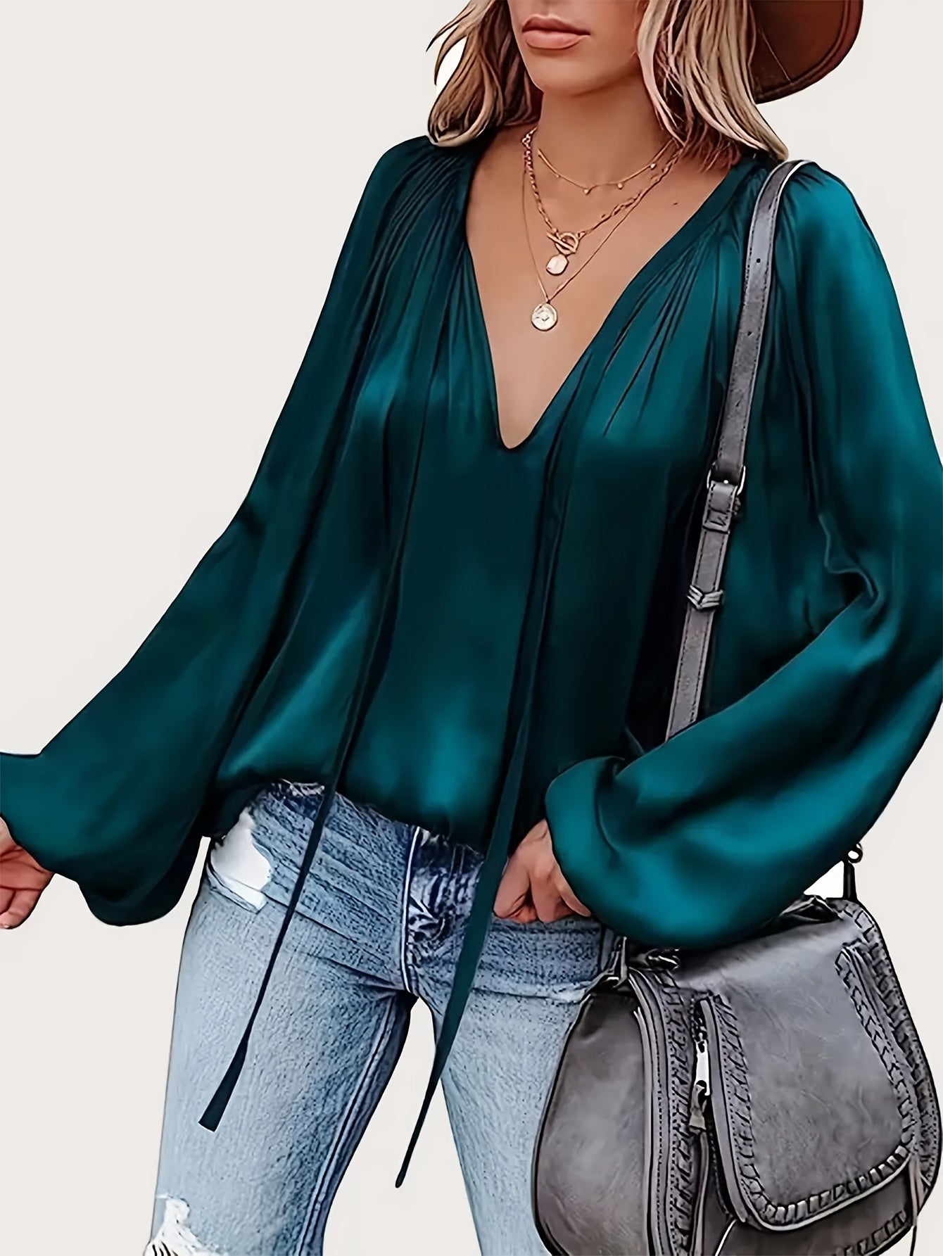 Green French Satin Tie-Front Blouse V-Neck Long Sleeve Ruched Top for Women