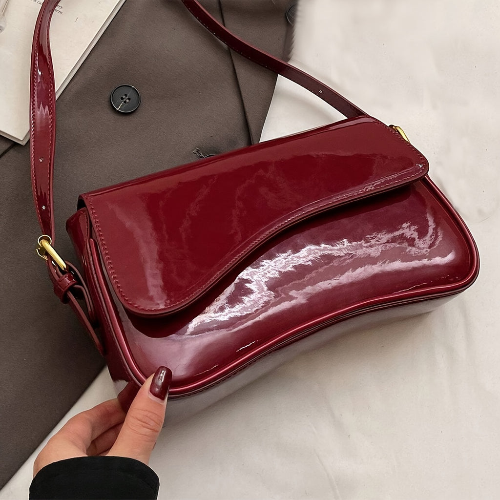 Retro Patent Faux Leather Women's Baguette Flap Handbag - Removable Strap, Underarm/Shoulder Minimalist Elegant Bag