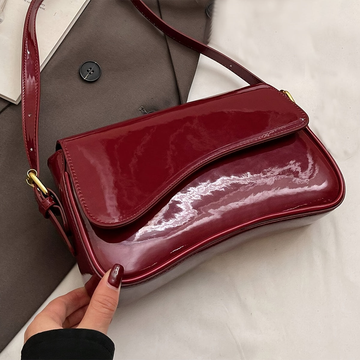 Retro Patent Faux Leather Women's Baguette Flap Handbag - Removable Strap, Underarm/Shoulder Minimalist Elegant Bag