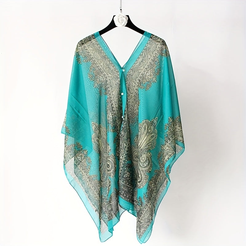 Women's Turquoise Jacquard Scarf Shawl – Large Square Lightweight Breathable Beach Cover-Up & Multiway Long Wrap Poncho