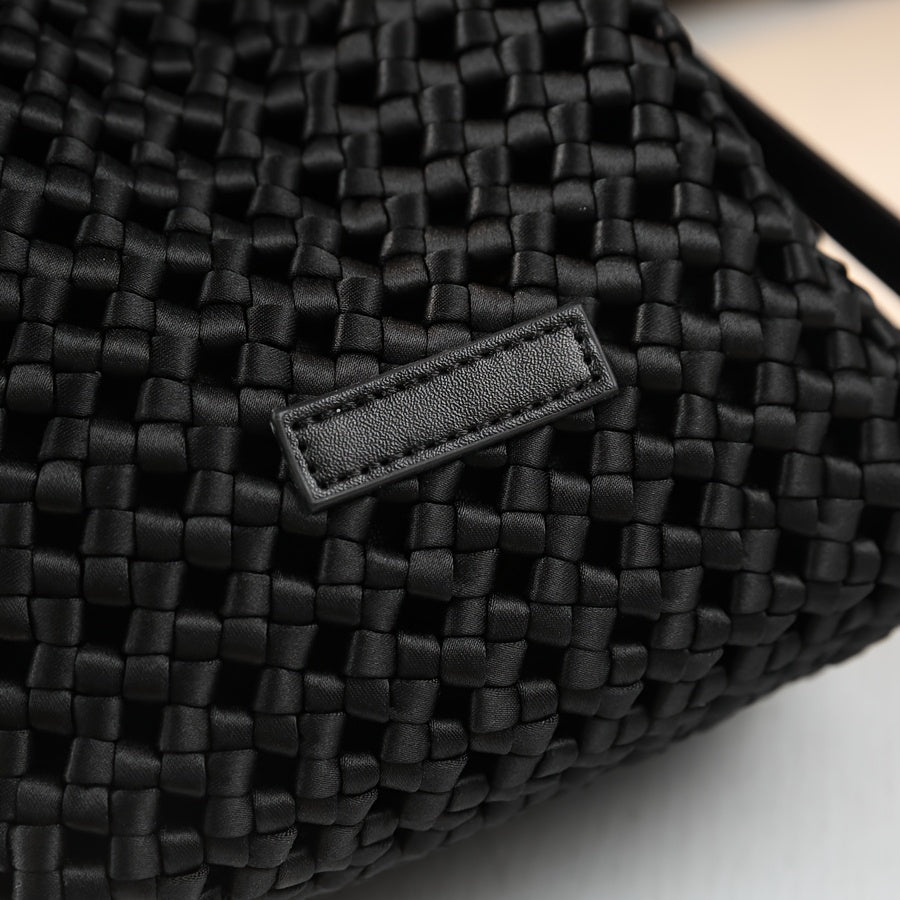 Women's Handwoven Mini Bucket Bag - Detachable Adjustable Shoulder Strap, Drawstring Closure, Durable Nylon Crossbody Purse, Black