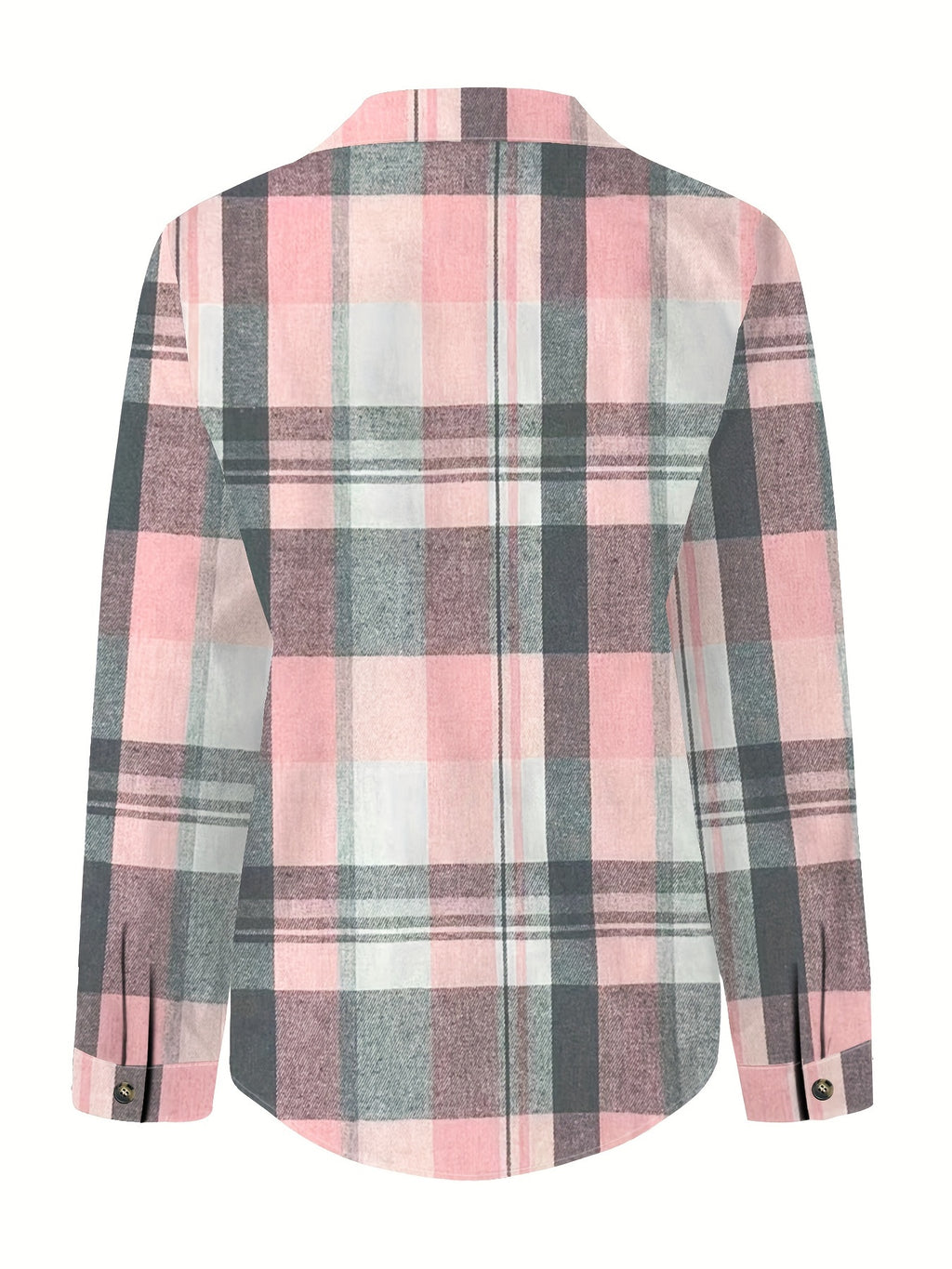 Women's Pink & White Plaid Button-Up Shirt with Chest Pockets, Classic Collar, Machine Washable