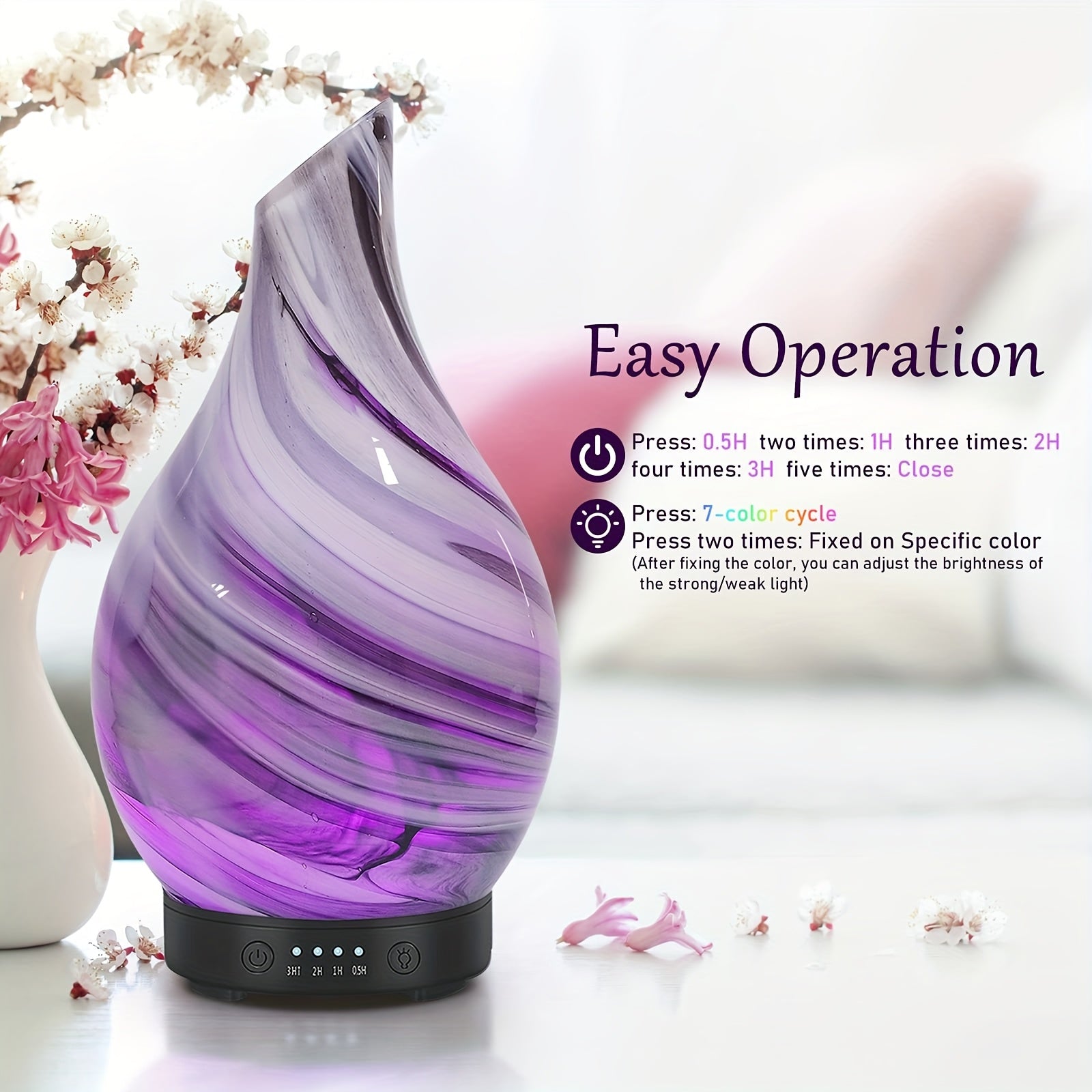 Handmade 4.06 oz (120 ml) Glass Essential Oil Diffuser — Soundwave Technology, 4 Timer Settings, 7-Color LED, USB Powered, Waterless Auto-Off, Blue & White Swirl