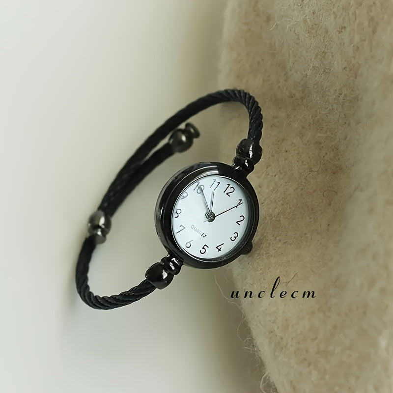 Women's Mechanical Watch – Minimalist Retro Black Dial with White Hands, Nylon Strap & Clear Bezel, Bracelet Included