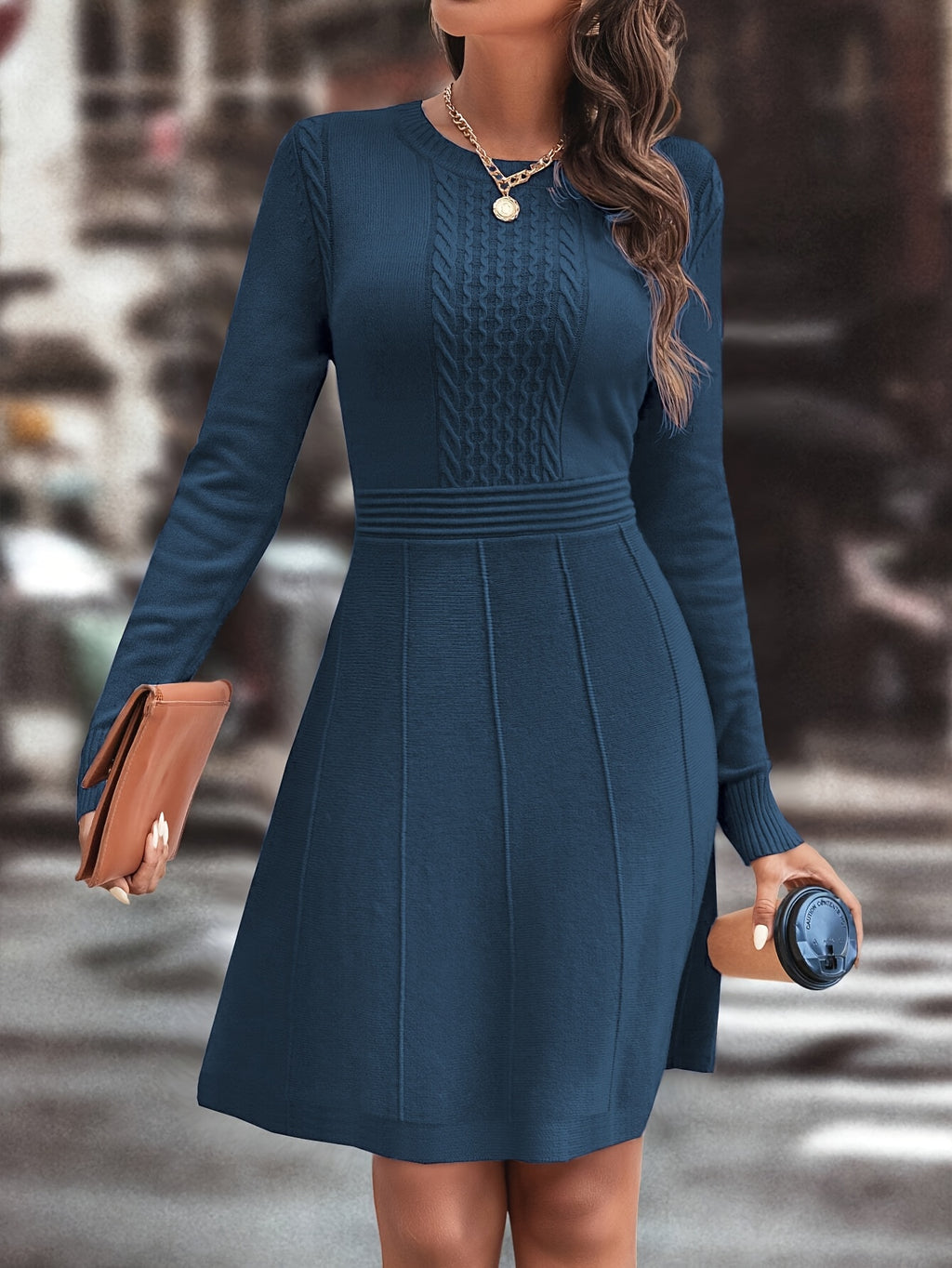 Women's Autumn/Winter Knit A-Line Dress Slim Round Neck Casual Elegant for Date & Daily Wear