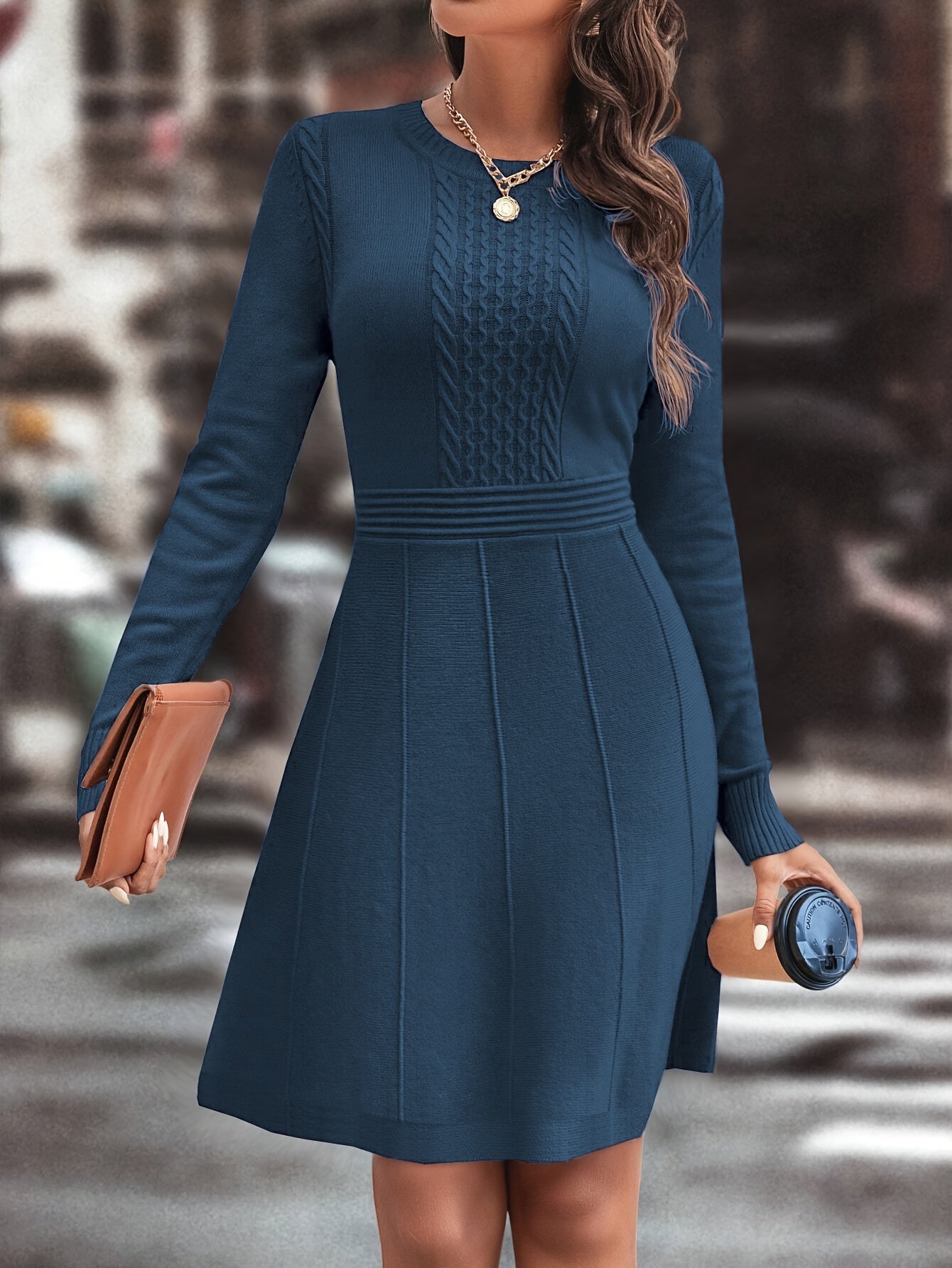 Women's Autumn/Winter Knit A-Line Dress Slim Round Neck Casual Elegant for Date & Daily Wear